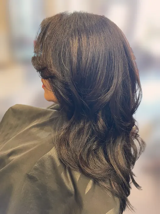 Brunette face-framing layers with a smooth blowout