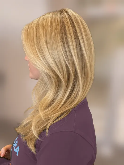 Long golden blonde balayage with soft layers, side profile